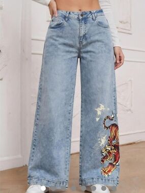 Ed Hardy Light Blue Wide-Leg Jeans with Tiger Motif